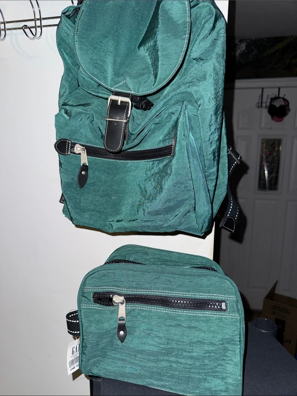 GAP Nylon Green Drawstring Flap Top Buckle Backpack with Matching Toiletry Case